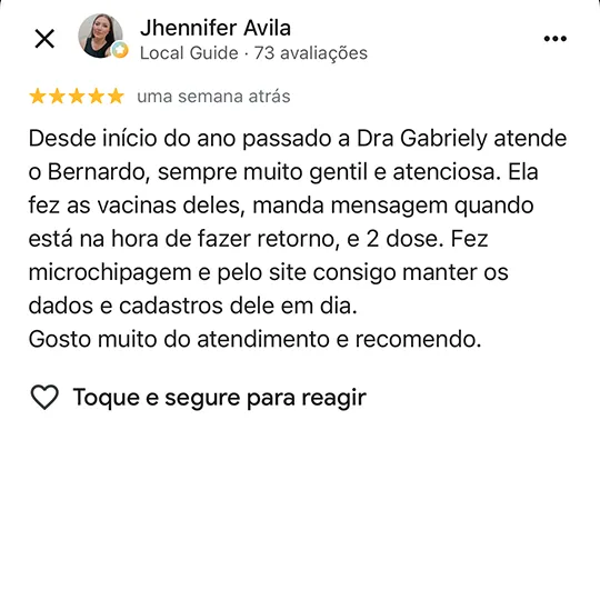 Avaliação de tutora no Google